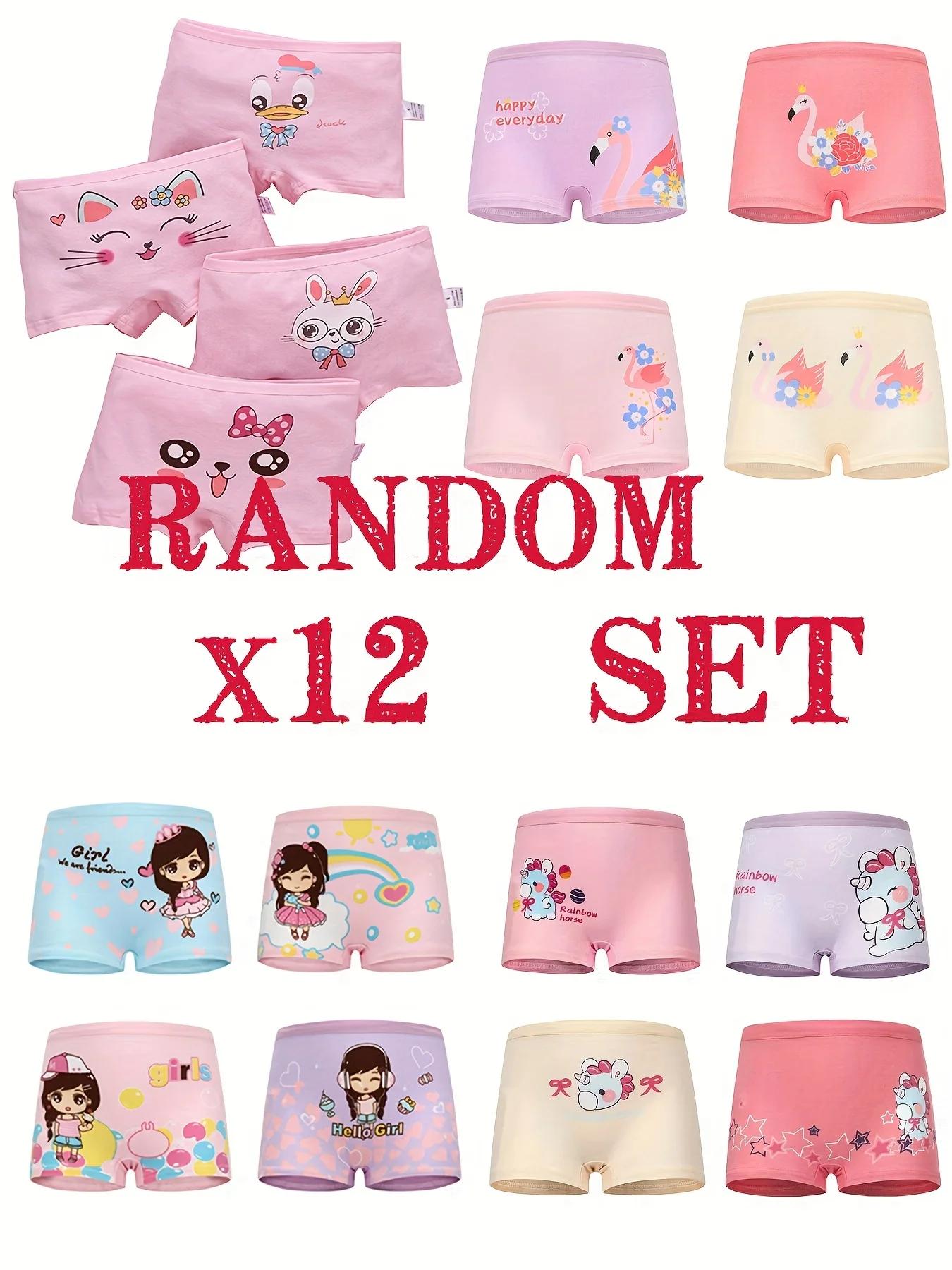 Random 12 Pack Girls' cartoon Square Underwear Cotton Comfortable Flat Shorts cartoon Cute Children's Square Shorts