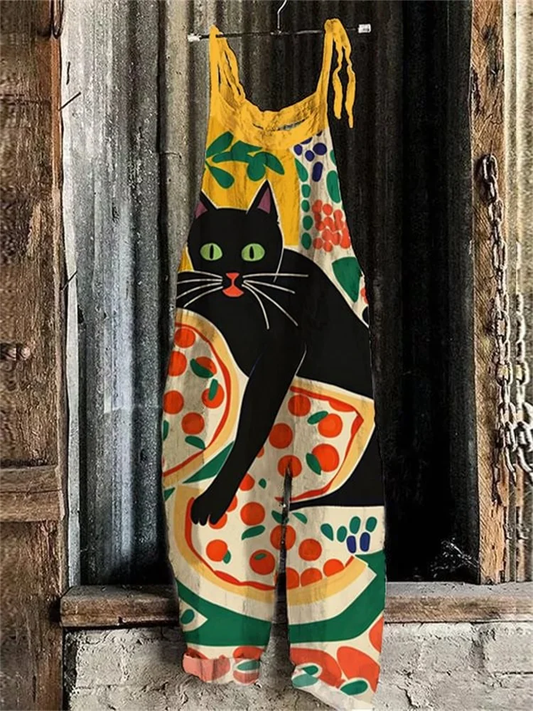 A pair of 3D printed women's trousers in color, featuring abstract cartoon creatures and green, is fashionable and casual