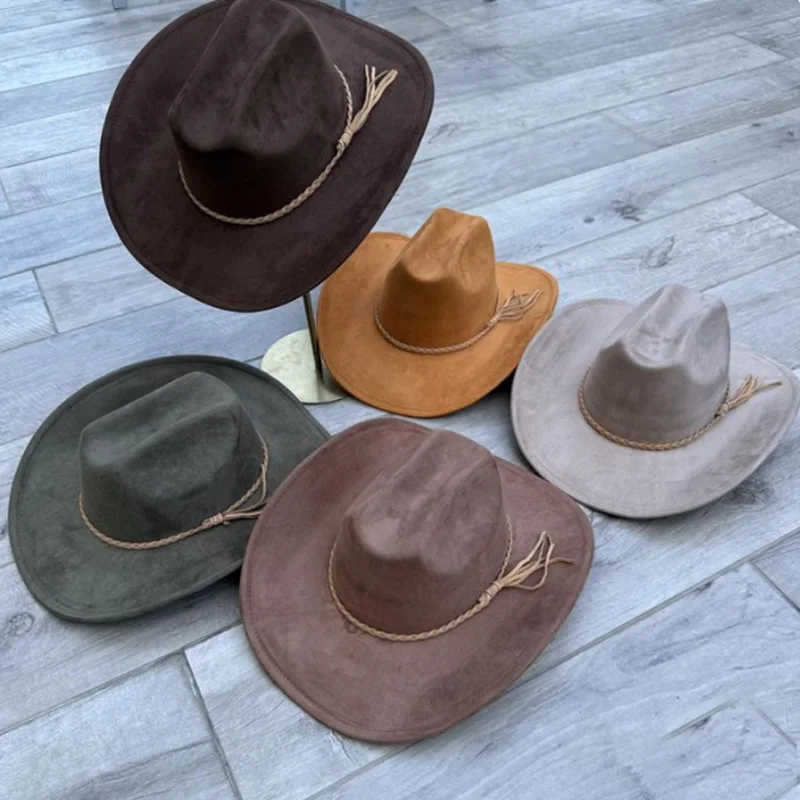 Sombrero de vaquero de gamuza vegana, sombrero de jazz panamá, sombrero unisex para mujer, sombrero de vaquero de ala ancha, sombrero de mujer, sombrero de vaquero