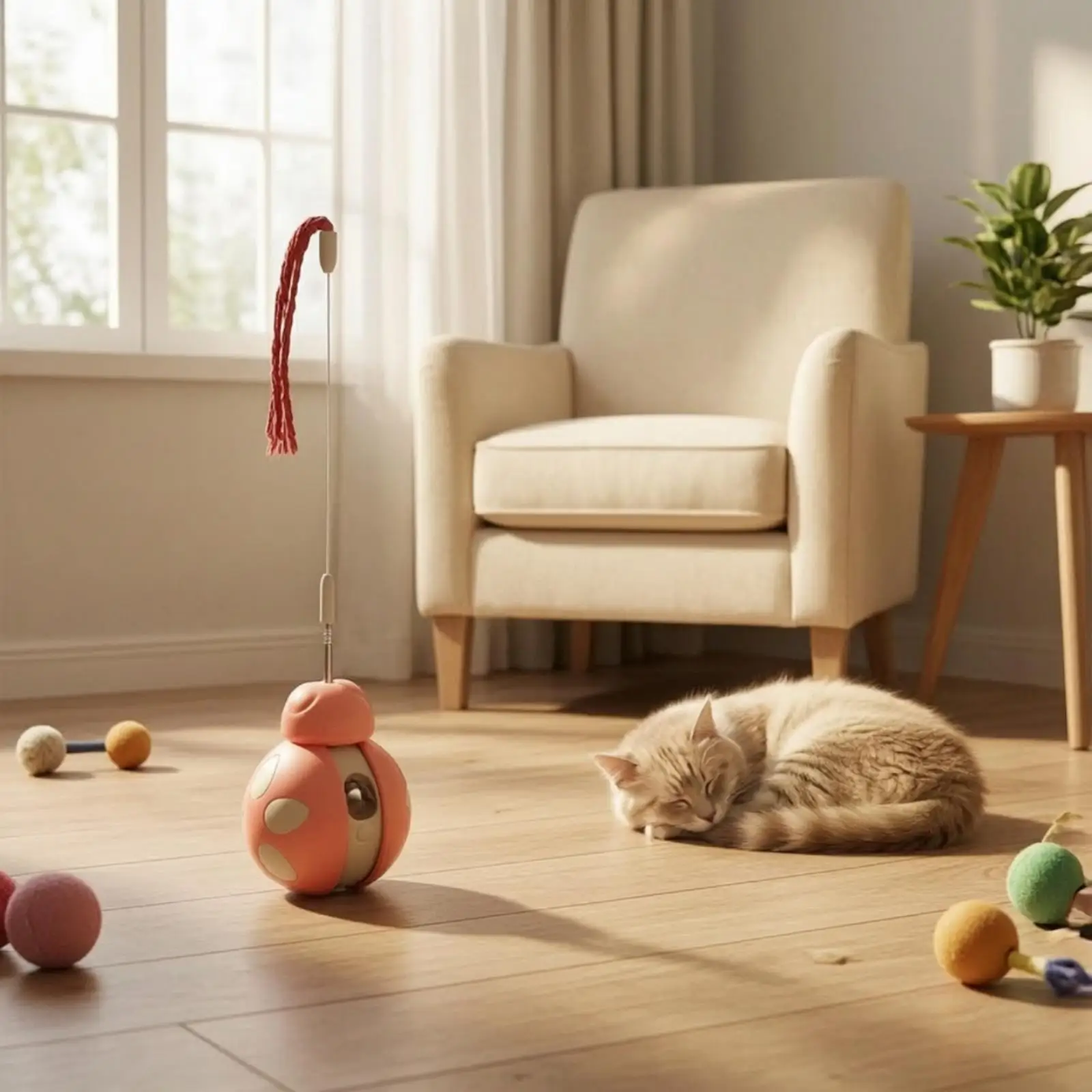 Interactive Feline Teaser with Treat Reward System and Wobble Motion for Daily Exercise