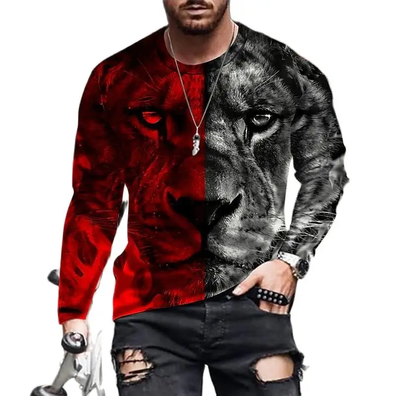 Vintage Print T-shirt 3d Tiger&lion Shirt Animal Long Sleeve Loose O- Neck Summer Animal Tops Oversized 5xl Men\'s Clothes