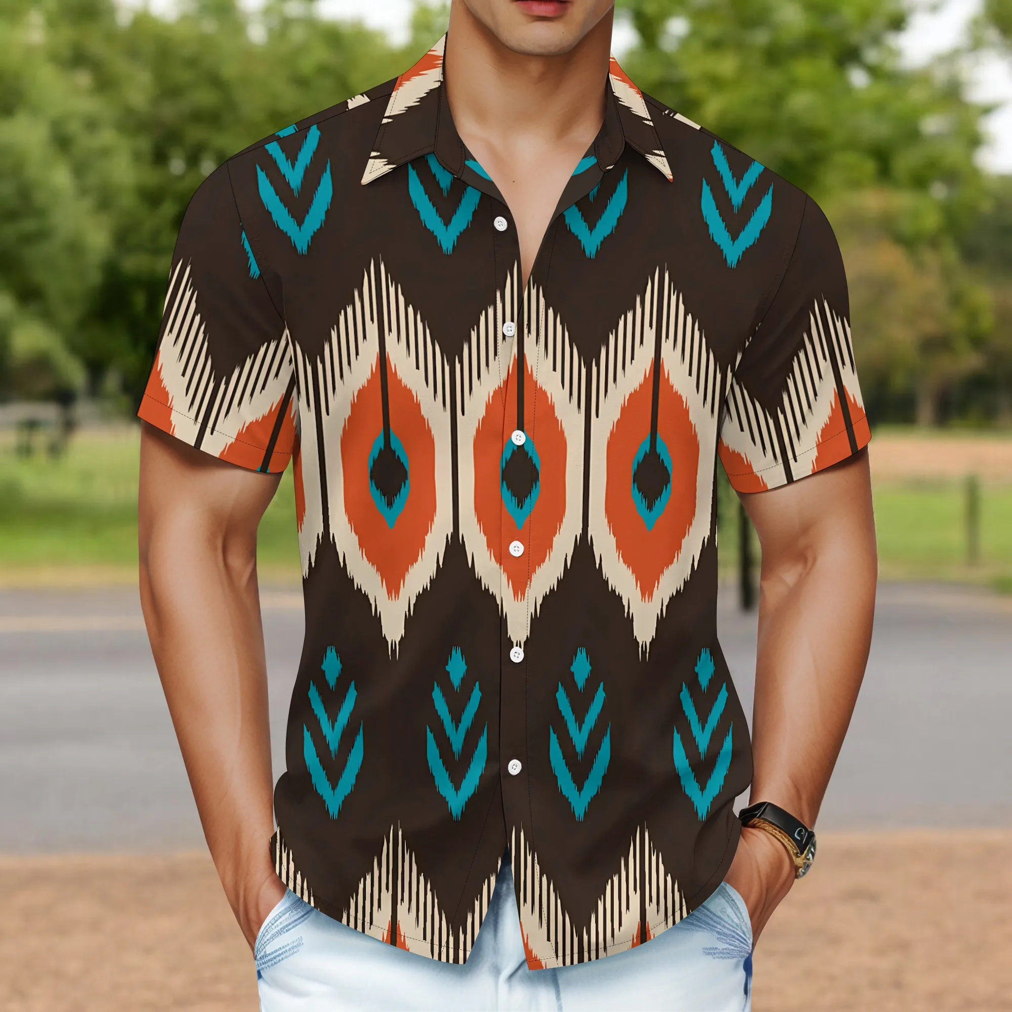 

YEAE Ikat Pattern Print Shirt for Men Summer Casual Short Sleeve Top