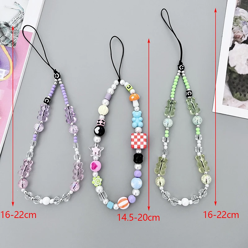 Cordão de celular vintage artesanal para mulher, charme bonito, pulseira de pulso chaveiro pingente de urso cogumelo para menina, presente