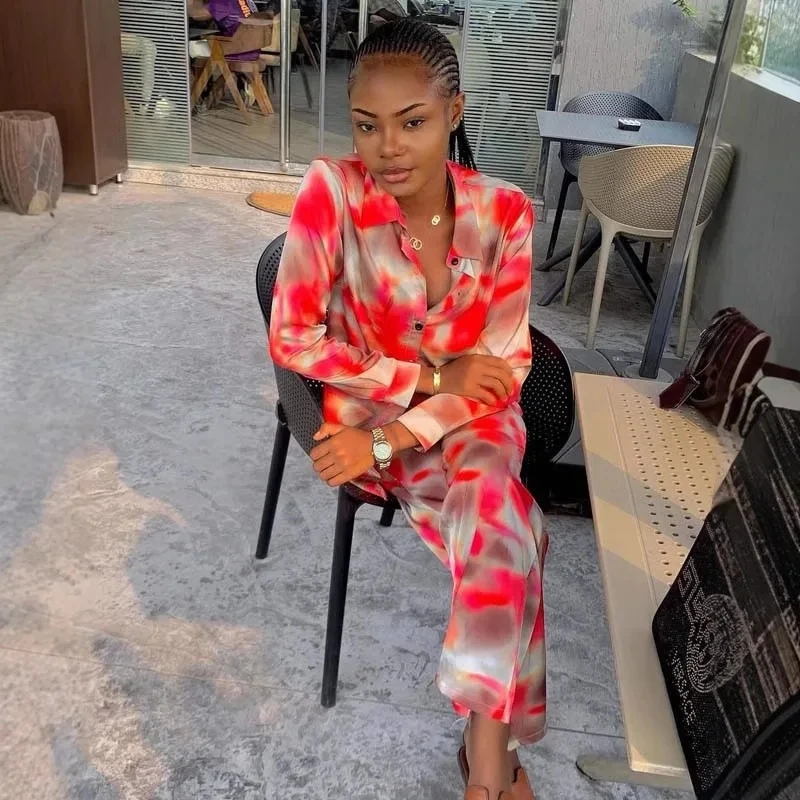 Women's Gradient Printed Casual Trendy Loose 2 Piece Sets Long Sleeve Turn-down Collar Shirt Wide Leg Pants American New Fashion
