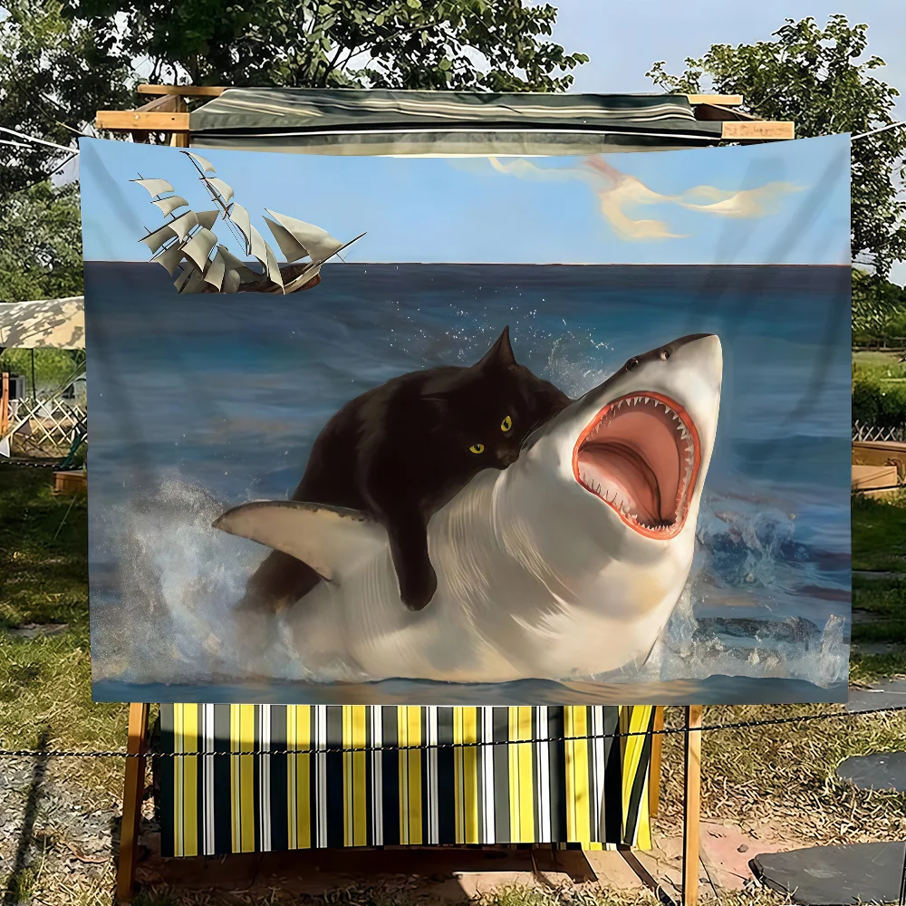 Cute Funny Cat Shark flag For Garden Party Living Room Home Wall Decor Banner Bedroom Outdoor Tapestry