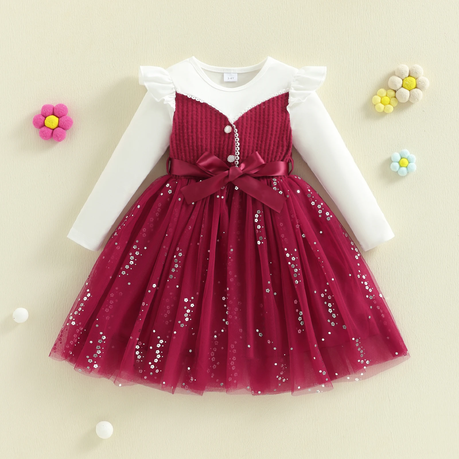 فستان الأميرة للفتيات بأكمام طويلة من الدانتيل المزين بالزهور ورقبة دائرية على شكل حرف A فستان كاجوال للخريف مع تفاصيل ترتر ولهجة فيونكة #3