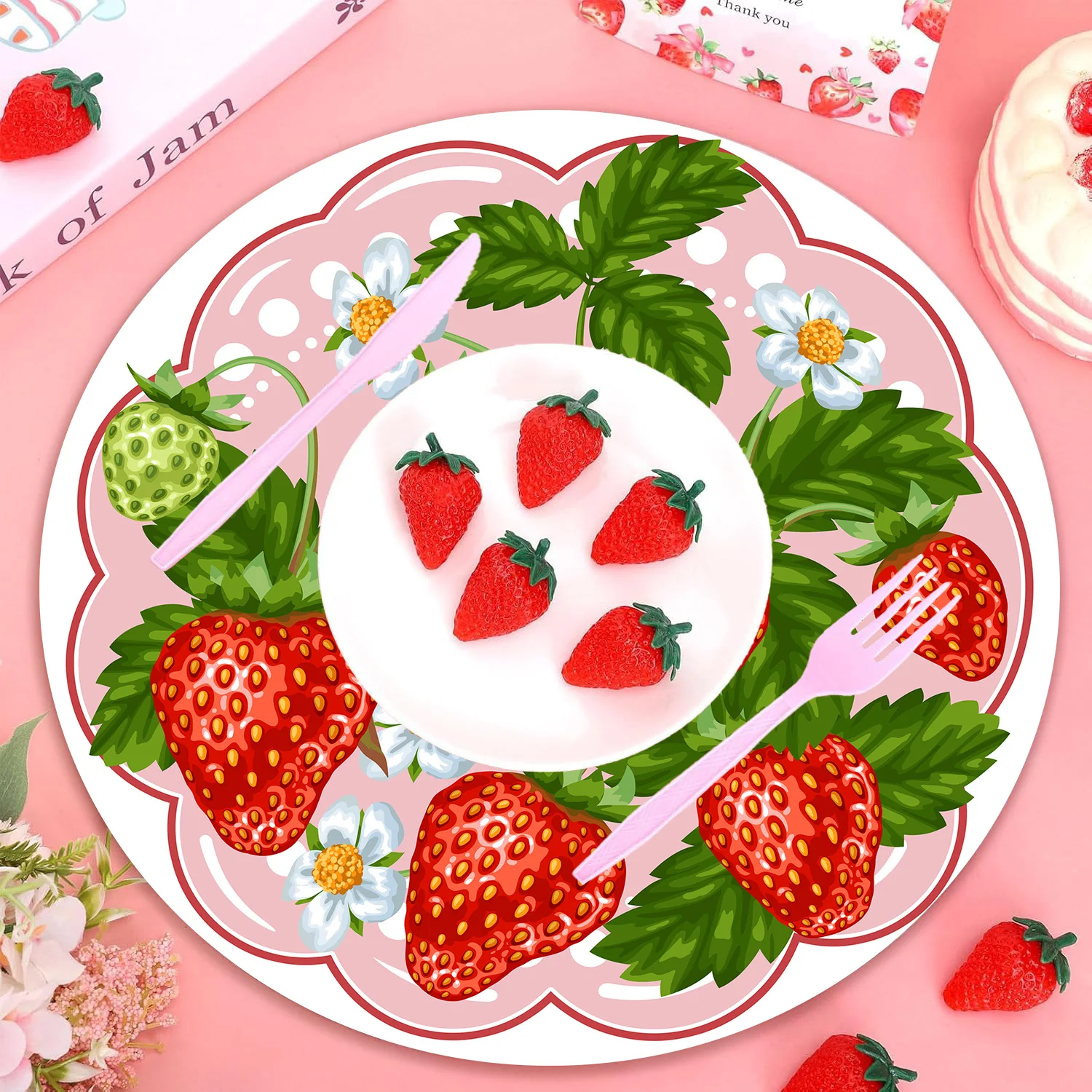 Pink Strawberry Round Polyester Place Mats Decor Dining Table Mats for Summer Fruit Birthday Baby Bridal Shower Wedding Party