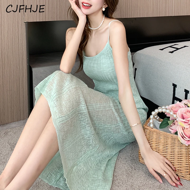 CJFHJE Summer Fashion Mint Green Knitted Women\'s Sling Dresses Korean Casual Waist Wrapped Women Vacation Style Hip Wrap Dress