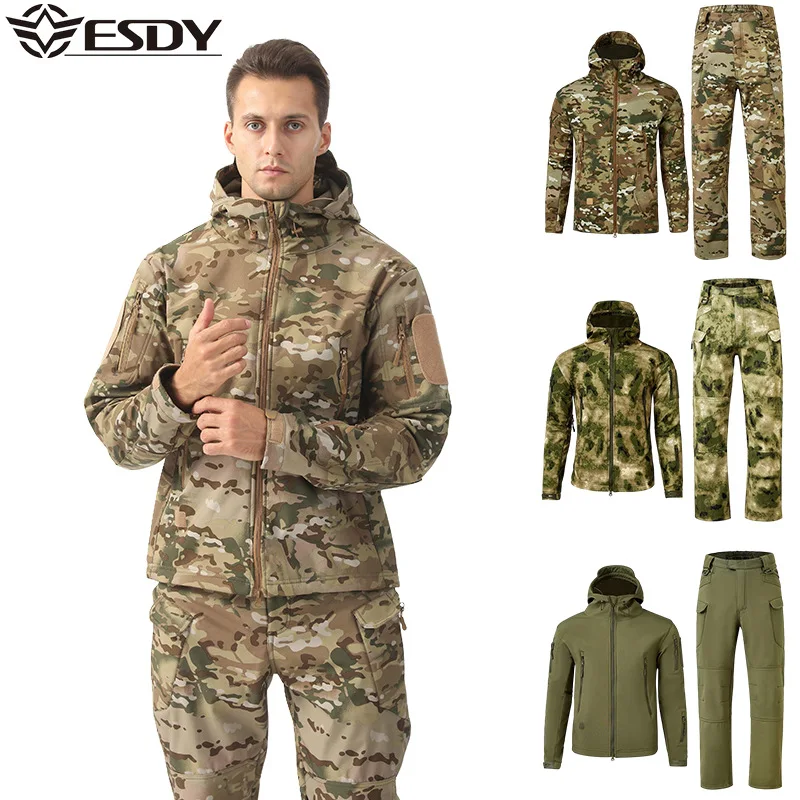 ESDY Camouflage Soft Shell Plus Fleece Tactical Clothing Men's Winter Warmth Jacket Pants set for Outdoor Hunting Hiking