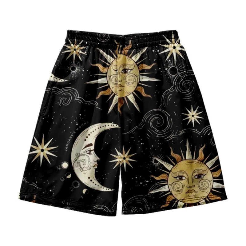 Summer New Running Fitness Fast-drying Short Pants Loose Basketball Training Men's Casual Black Sun And Moon Print Shorts