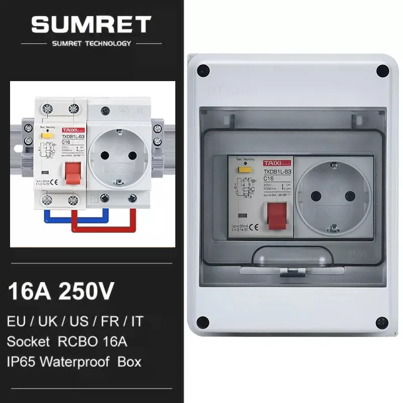 IP65 Waterproof Electrical Distribution MCB Box KWH Meter Wattmeter RCBO 220V 110V 16A EU UK US FR AU Universal DIN Rail Socket