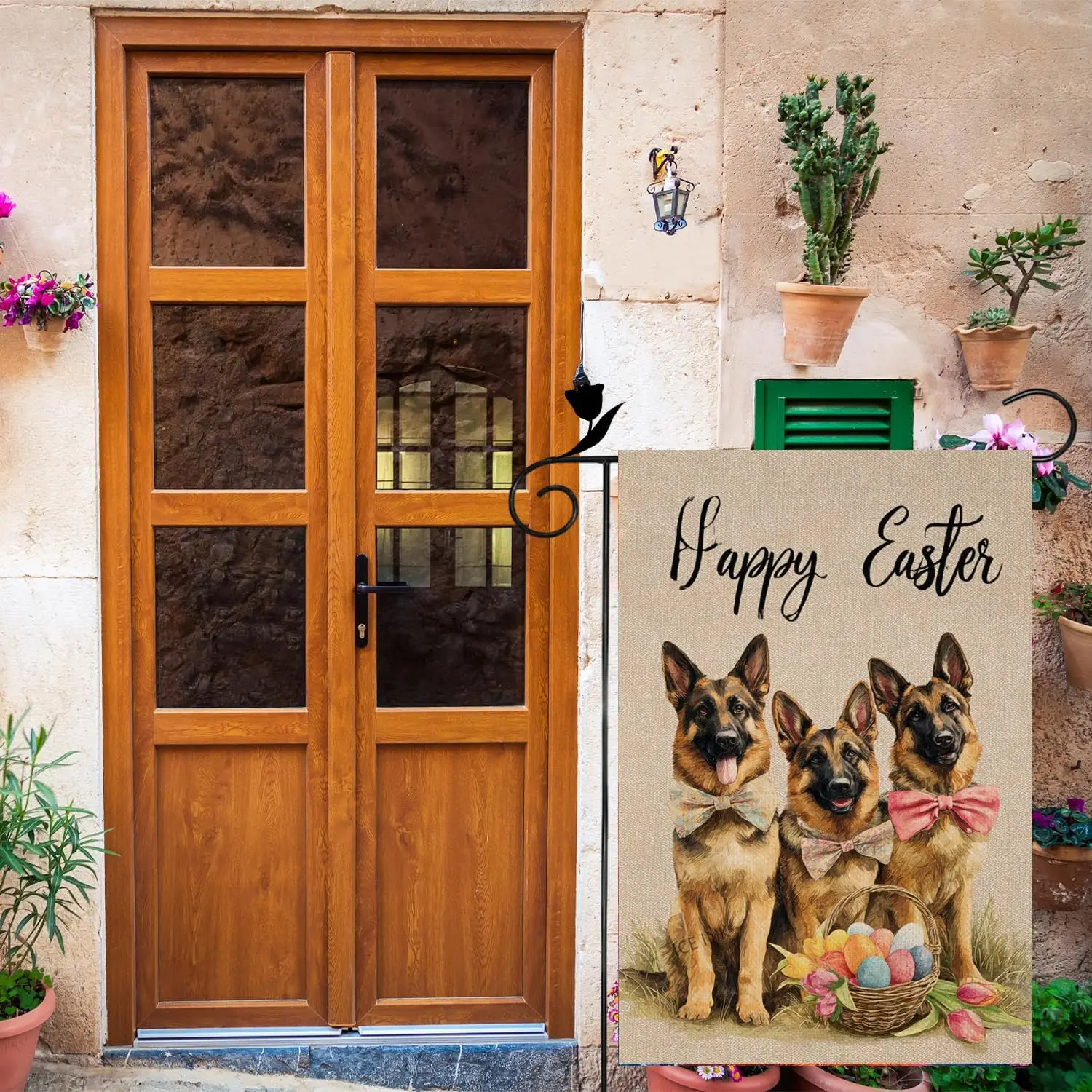 Ice ink Happy Easter German Shepherd Egg Basket 12x18 Inch Double Sided Linen Small Yard Flag House Flags for Outdoor Home D AAS