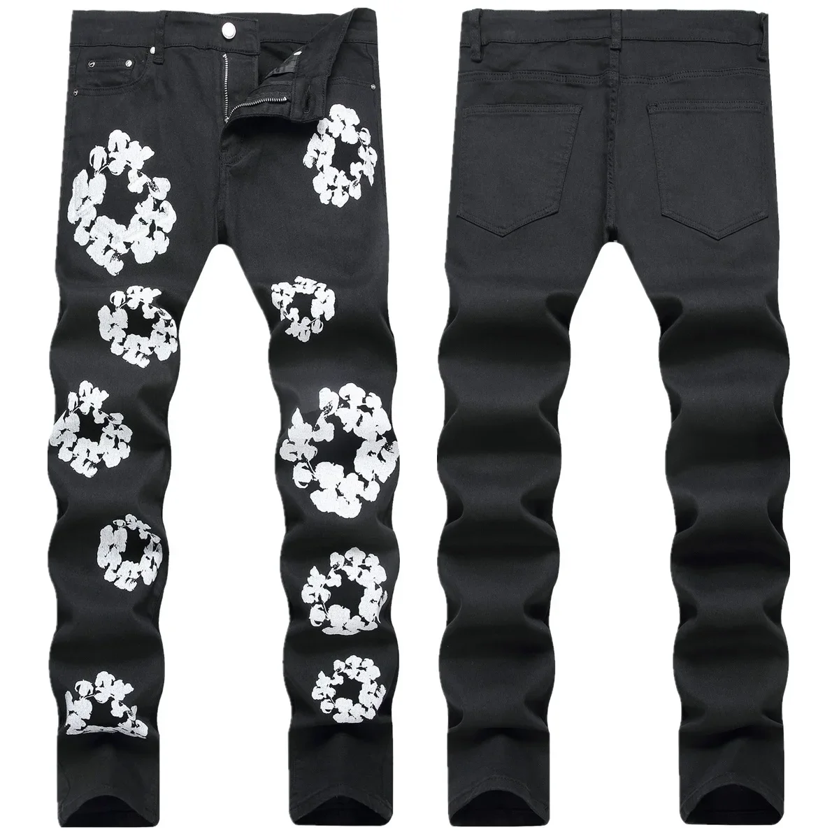 chareiharper plus size 1322 Men\'s black jeans printed stretch slim feet mid-waist casual denim pants