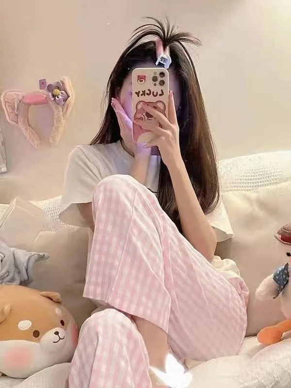 여름 얇은 격자 바지 여성의 느슨한 스트레이트 레그 캐주얼 바지 편안한 홈 잠옷 워킹 바지 통기성