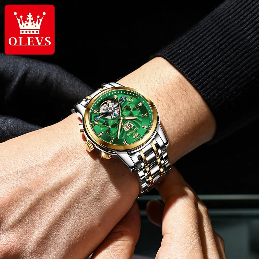 OLEVS Mens Watch Automatic Mechanical Tourbillon Slef-Wind Luxury Stainless Steel Strap Waterproof Luminous Date Wrist Watch