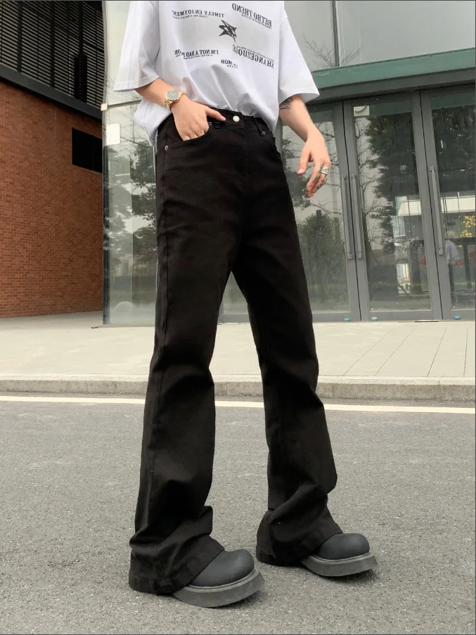 Four Seasons American Vintage Style Fashion Men Solid Color Simple Basic Casual Trendy Flared Denim Trousers Male Jeans Pants