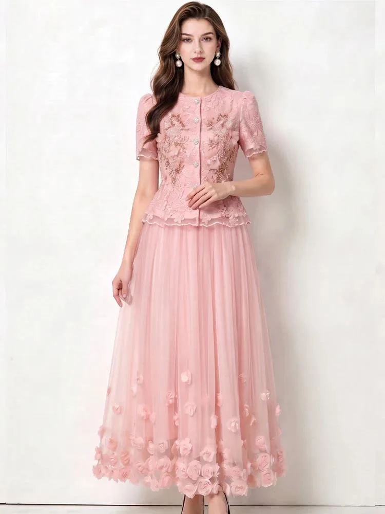 Ivory Lace Jacket Tulle Holiday Prom Skirt Set Spring Summer Lace Embroidery Short sleeve Slim Top+High Waisted Flower Skirt