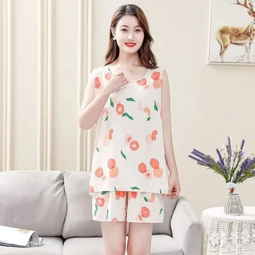 ファッションかわいい女性のパジャマセット花柄プリント格子花柄パジャマルーズラウンドネックツーピースナイトウェア春夏