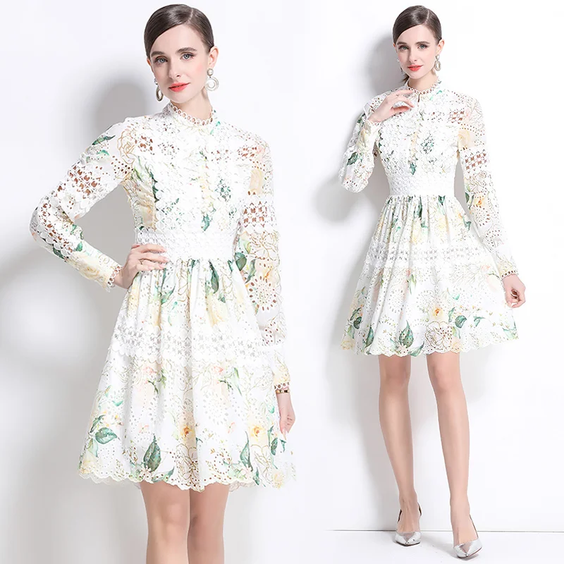 

French Celebrity Elegant Hollow Crochet Embroidery Splicing Waist Printing Dress Women's European American Fashion A-line Skirt