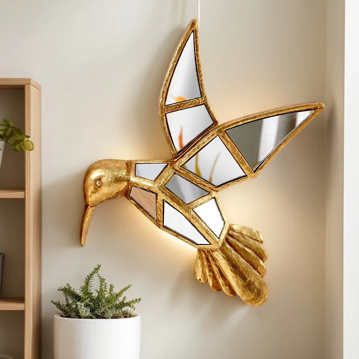Golden Bird Mirror Wall Hanging Piece Resin Handicrafts Hummingbird Golden Background Wall Decoration Mirror Hanging Piece