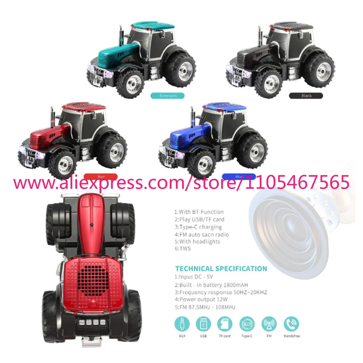 1PCS ABAN WS-560 Tractor Wireless Bluetooth Speaker -LED Light Support TF Card FM Radio Stereo Music Player Bluetooth Speaker C