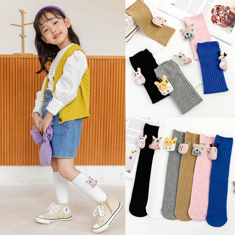 Solid Tone Long Stockings For Lovely Girls Adorned With Cartoon Small Animal Ornaments At Sock Cuff Comfortable Stretch Hosiery