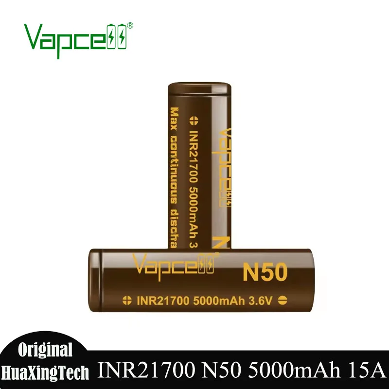 High Capacity Vapcell N50 21700 5000mah lithium Cylindrical Battery 15A 3.6V INR21700 Rechargeable Batteries for Home Appliances