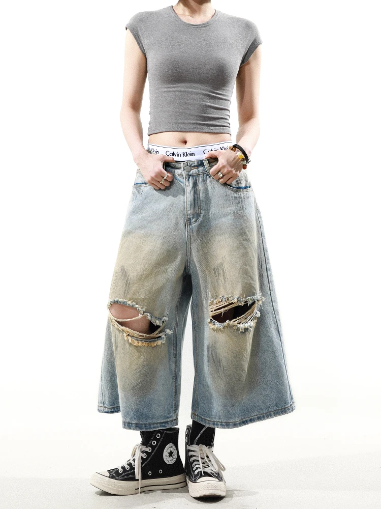 

Retro American Mud Dye Hole Denim orts Loose Casual Trendy Seven-Foot Pants for Men And Women Summer Wear Resistant
