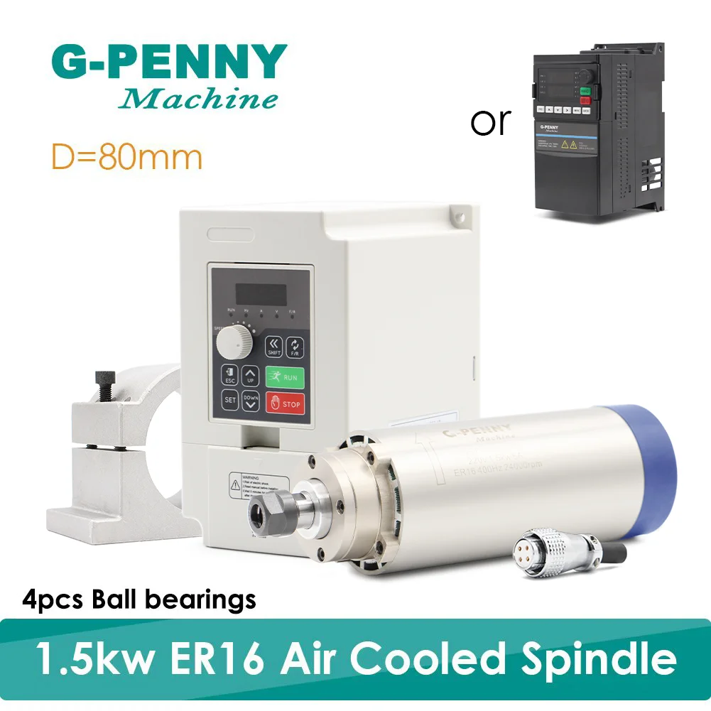 G-PENNY 220V 1.5KW ER16 CNC Air Cooled Spindle Motor 80mm Air Cooling 4Bearings CNC& 220v 1.5kw VFD inverter & 80mm bracket