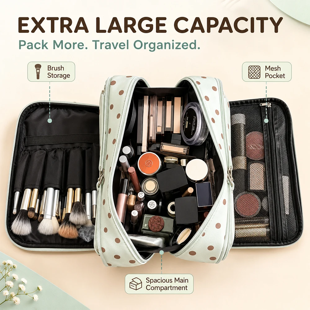 Cute Polka Dot Makeup Bag, Large-capacity Travel Toiletry Bag, 3-Tier Multi Pocket Cosmetic Bag for Skincare Cosmetic Brushes