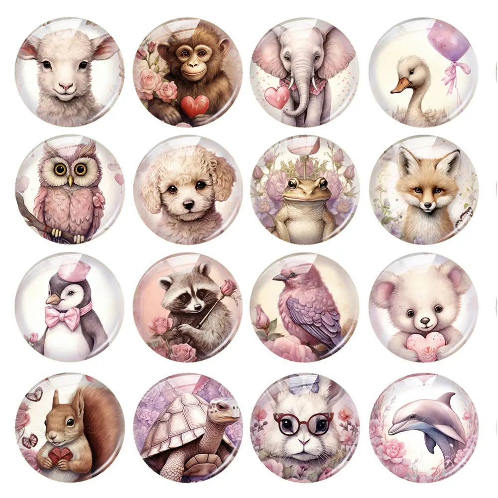 Random Mixed Round/Oval/Square Pink Flower Heart Animals Cats Photo Glass Cabochon Flatback Demo Cameo For Diy Jewelry Making