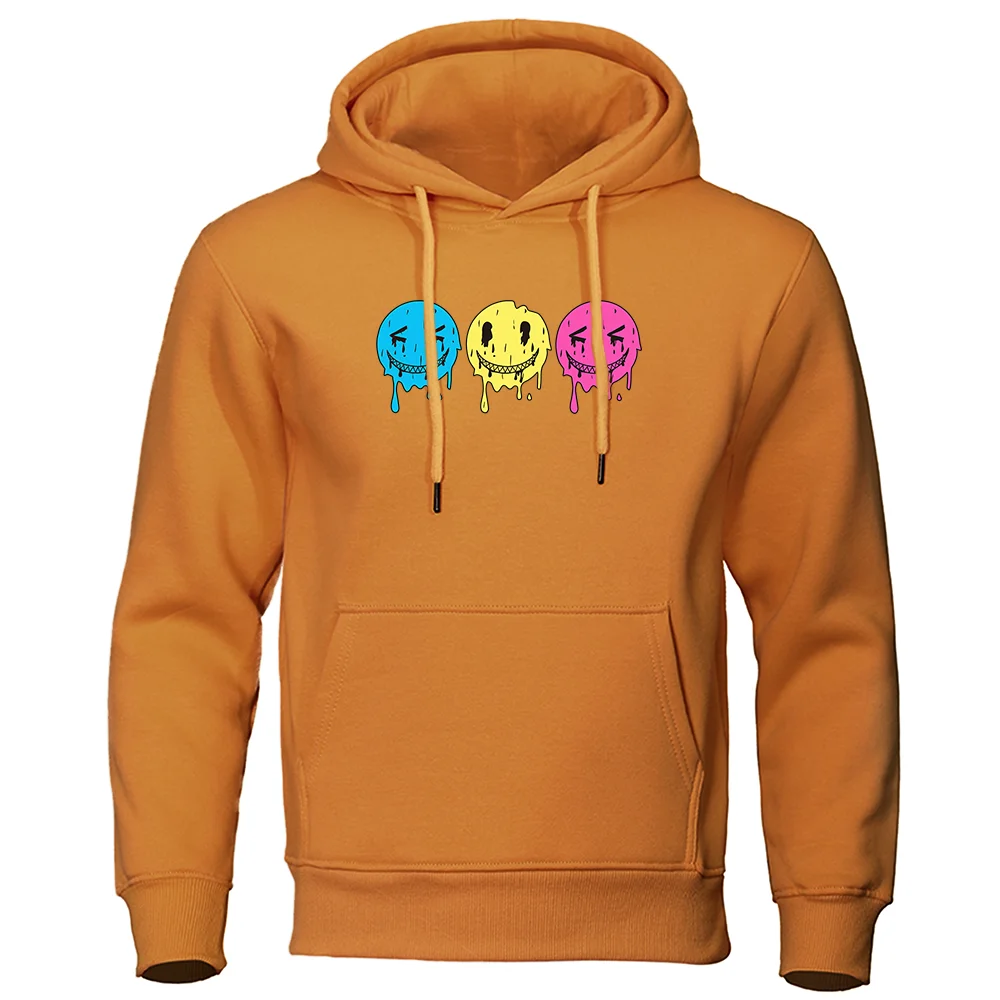 Three Happy Faces Melting Printed Men Clothing Hip Hop Loose Streetwear Creativity Pullover Hoody Street O-Neck Mens Hoodies