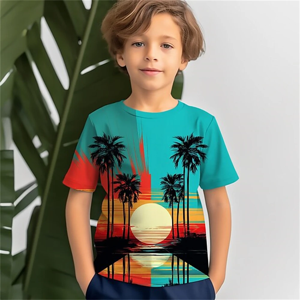 Jungen-T-Shirt mit 3D-Kokosnussbaum-Motiv, kurzärmelig, Sommerurlaub, tropisches Hawaii-Polyester, für Kinder, Rundhalsausschnitt, Outdoor, lässig, täglich