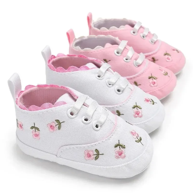 

Meckior Newborn Baby Girl Casual Canvas Shoes Flower Cotton Sole Non-slip Baby Shoes Female Infant First Walkers Crib Shoes