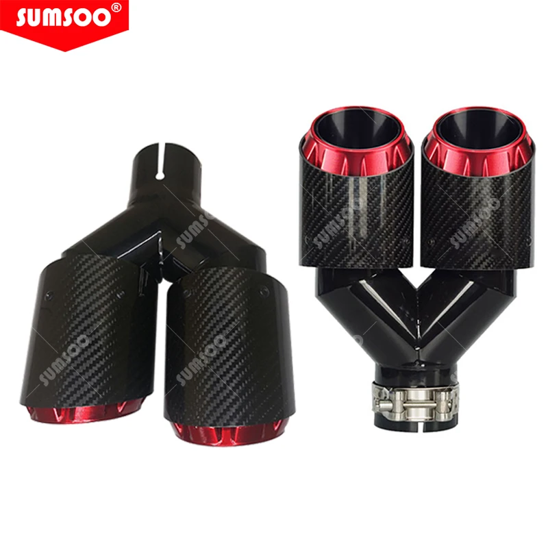 1 Stuks Ytype Dubbele Uitgang Uitlaatpijp Koolstofvezel Mondstuk Voor Uitlaatdemper Tuning Auto Universeel Voor Auto Uitlaatpunt Roestvrij Rood