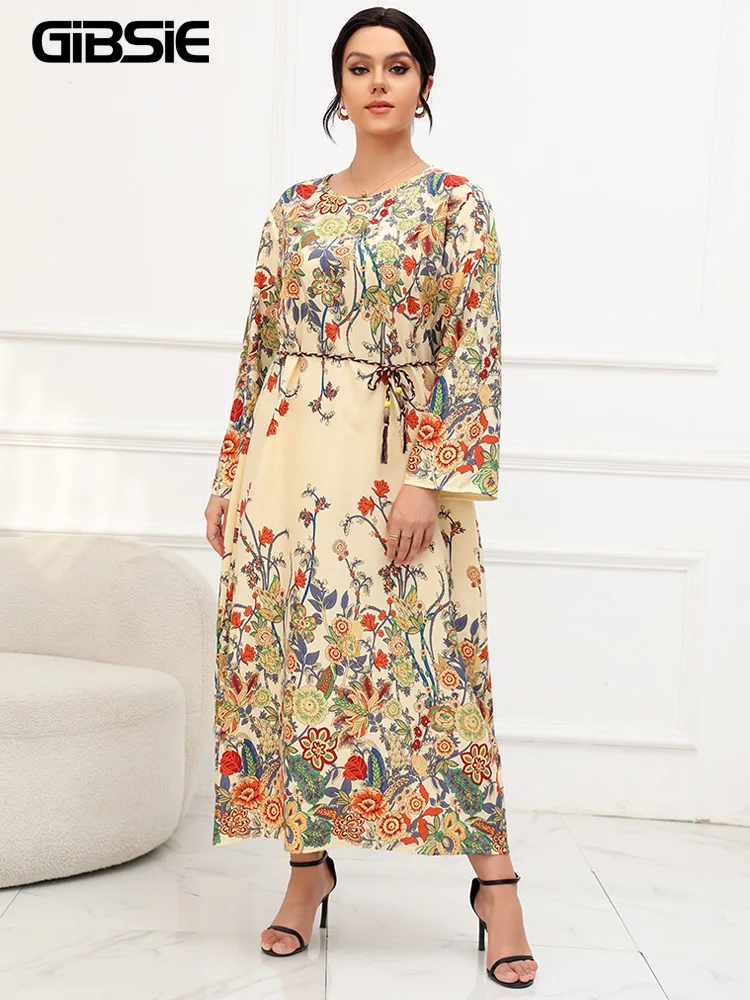 GIBSIE Plus Size Floral Print Belted Maxi Dress Women 2023 Autumn New Vintage Long Sleeve O-Neck Casual Loose Boho Dresses