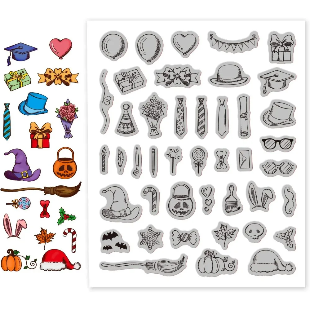 Party Themed Cling Rubber Stamps Hat Tie Flower Gift Box Script Stamps for Christmas Birthday Halloween Cards Making DIY