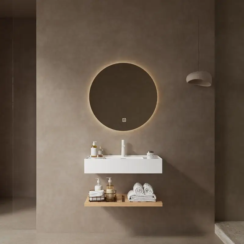 زينة حمام مقاس 30 بوصة مع حوض سفينة، حوض أكريليك أبيض عائم مثبت على الحائط، طبقة رف مخططة، حبيبات خشبية طبيعية