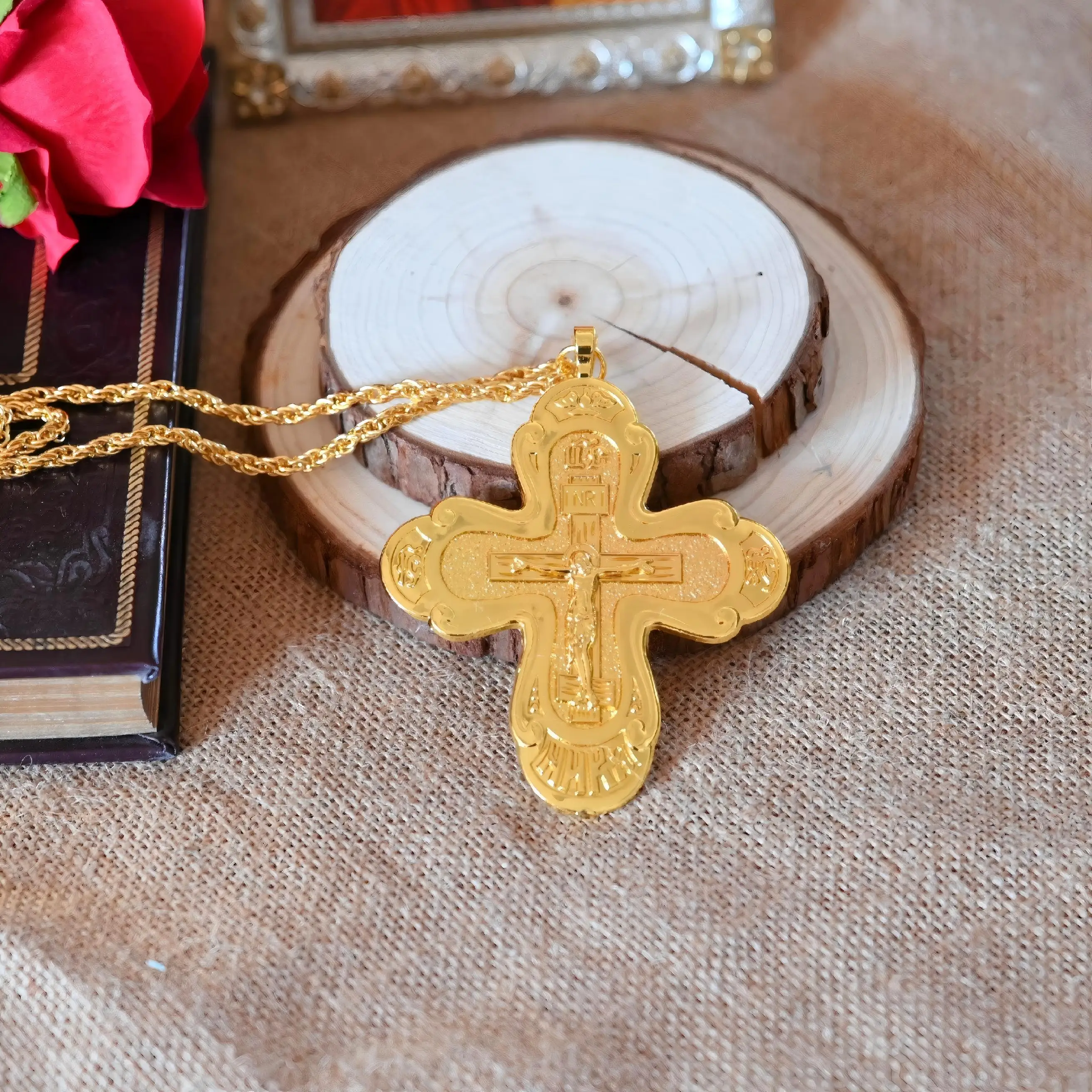 New Gold Plated Orthodox Priest Pectoral Cross Necklace with Engraved Crucifix for Christian Clergy Liturgical Wear and Blessing