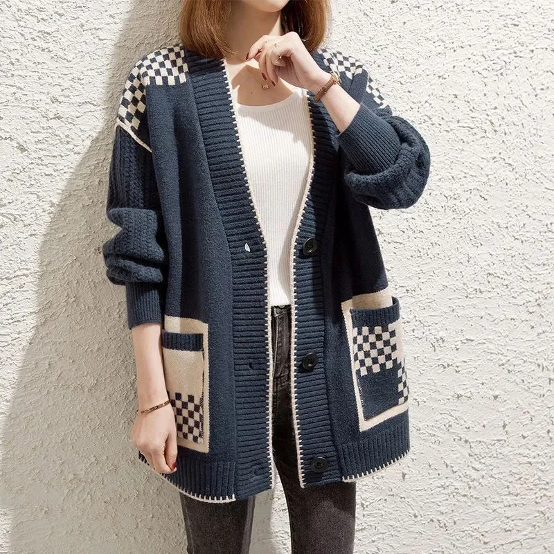 Spring Autumn New Women\'s Knitted Cardigan Coat Oversized Female Jacquard Sweater Outerwear Casual V-neck Sweaters Jacket 6XL