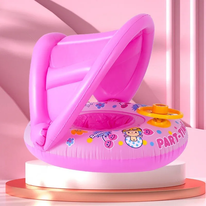 2026 Summer Large Thickened Round Inflatable Swim Ring with Sunshade Steering Wheel Horn Cartoon Pattern for Kids Water Fun