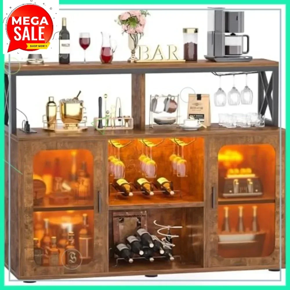 Hot-sellingBar Cabinet with Power Outlets, LED Lights, Adjustable Shelves - Rustic Brown Wine Storage Cabinet