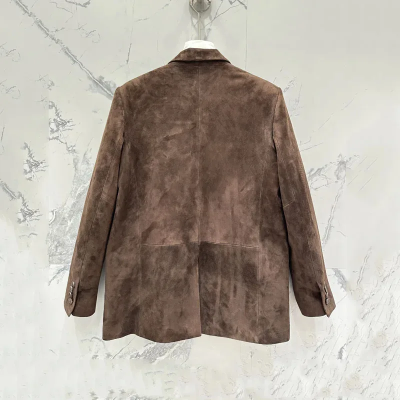 Echte leren jas 2025 Nieuwe mode damesjas voorjaar en herfst Suède leren pakstijl Dubbele rij knopen