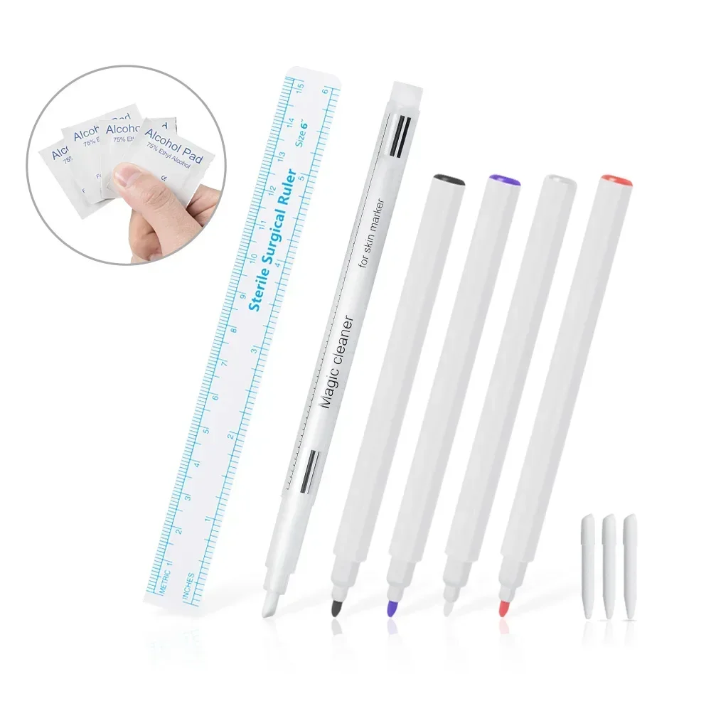 Surgical Skin Marker for Eyebrow Skin Marker Pen 5p Black White Red Blue Surgical Pen Ruler Cleaning Pad Microblading Supplies