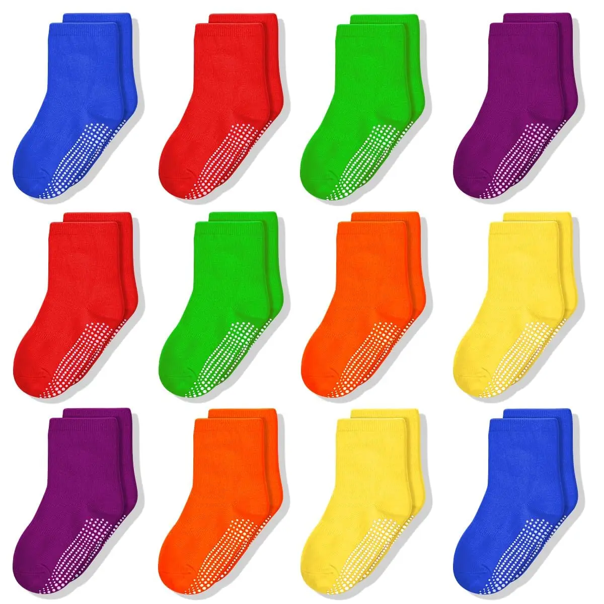 12 pairs of non-slip mid-calf socks for children aged 0-10, suitable for school, home, travel, and sports, can be worn all year
