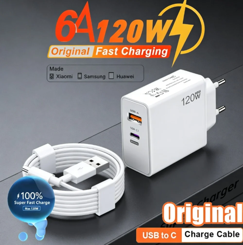 120W GaN Fast Charger PD QC3.0 USB-C 6A Fast Charging Cable Wall Adapter EU US UK Plug Universal for iPhone Samsung Xiaomi Phone