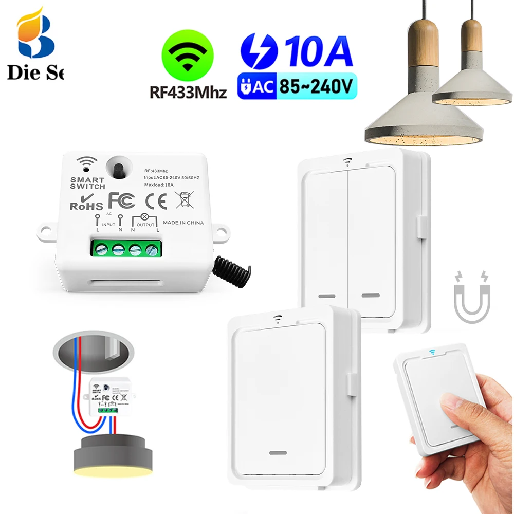 

RF 433MHz Wireless Remote Control Light Switch AC 110V 220V 10A Relay Receiver Transmitter 100M Range Control for Fan Led Lamp