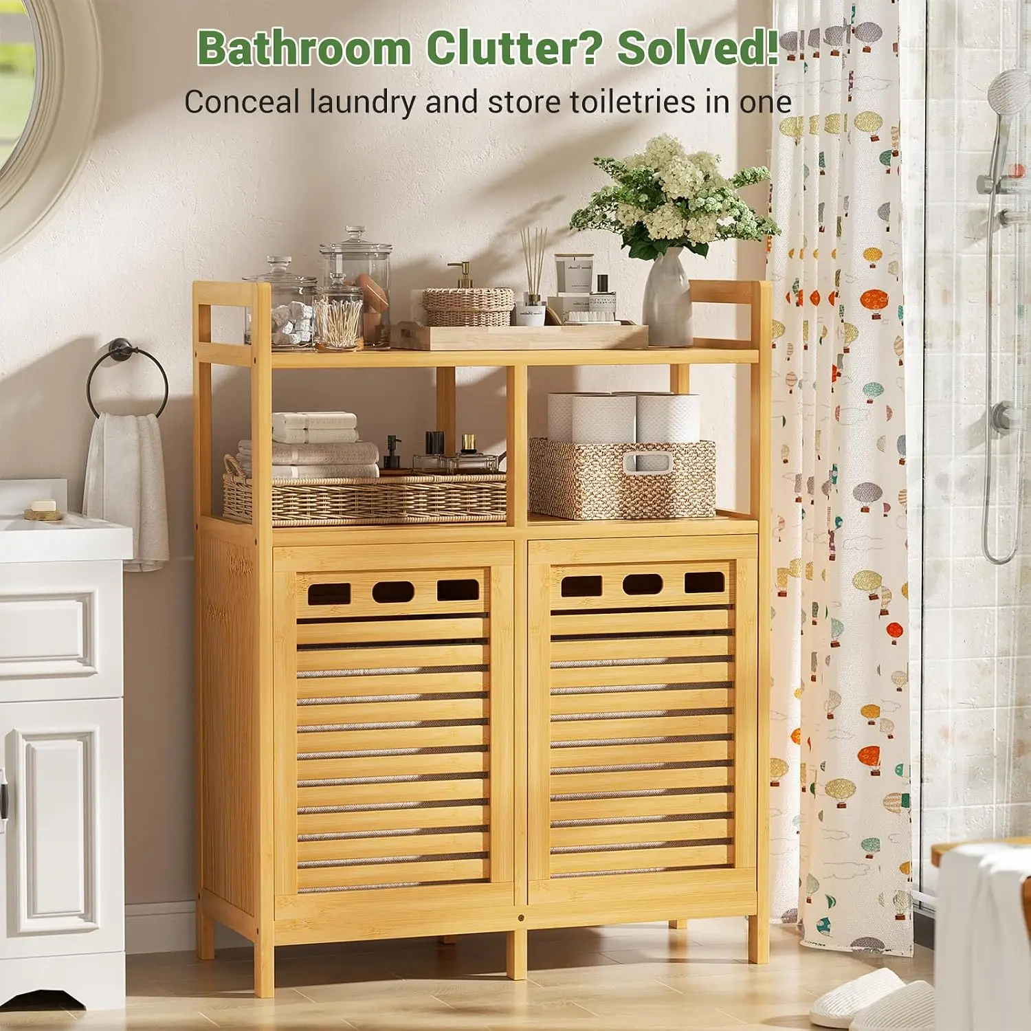 Tilt Out Bamboo Double Laundry Hamper Storage Cabinet with 2 Removable Baskets, 20 Gallon Clothes Sorter Organizer with Top Shelf for Bathroom Laundry Room Natural Wood Tone view 2
