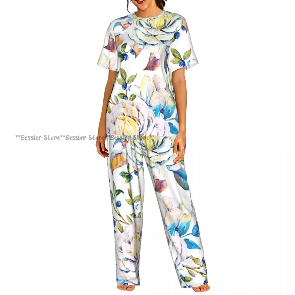 

Пижамный комплект с акварельным цветочным узором, женская домашняя одежда с короткими рукавами