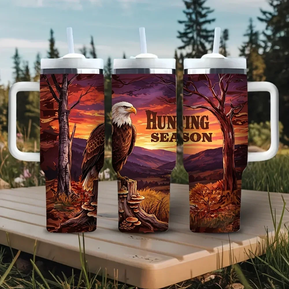 40Oz Tumbler with Handle, Hunting Season Eagle Printed Design, Suitable for Hunting Enthusiasts, Fits Both Hot And Cold Drinks, Great for Outdoor Camping Hiking Daily Use All Year Round